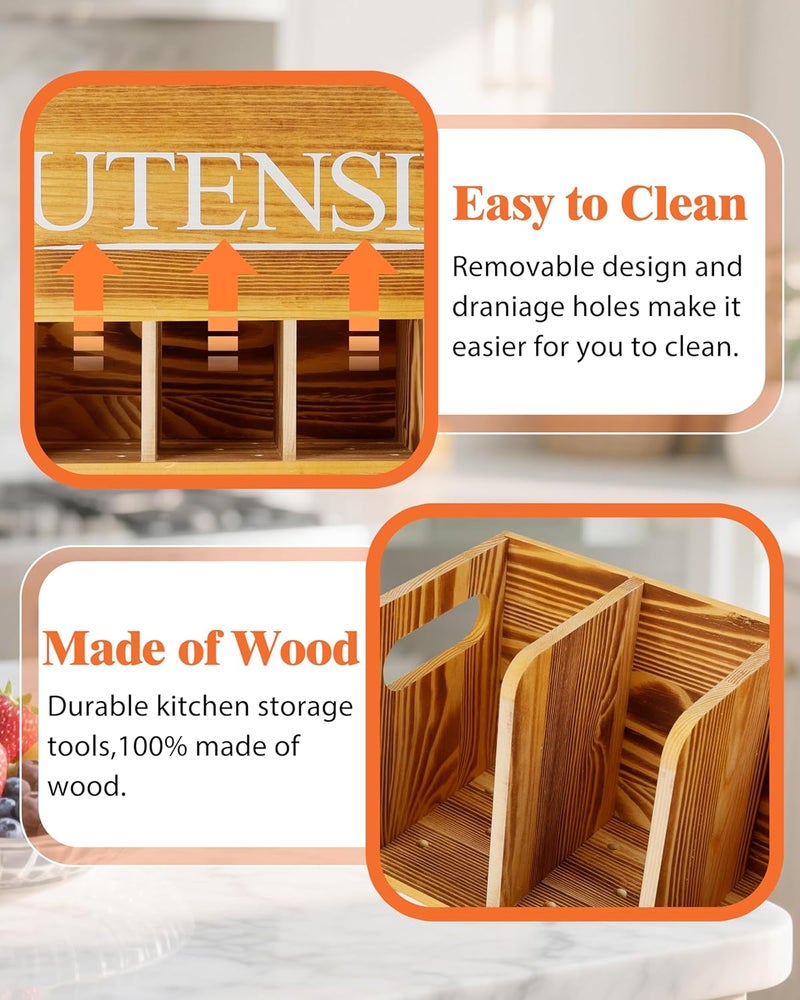brekle Kitchen Utensil Holder for Kitchen Counter Large Wooden Organizer for Cooking Utensils Utensil Holder Counter Farmhouse Décor (Farmhouse Wooden) - Image 5